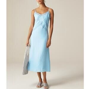 NWOT J.Crew Lace-Trim Slip Dress In 100% Linen Lined Ocean Blue Size 14